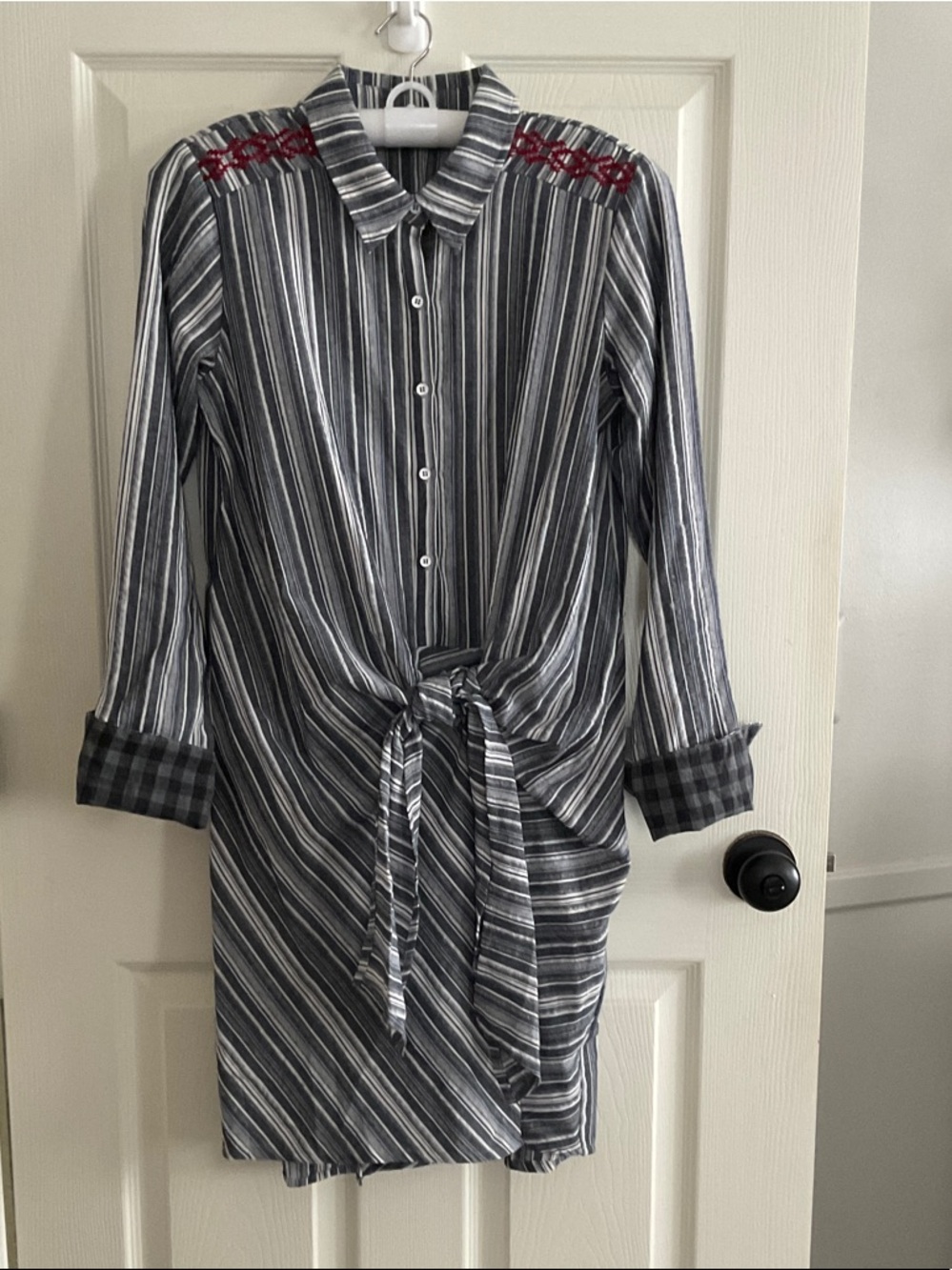 Mystree Gray & White Striped Tie-Front Shirt Dress with Red Shoulder Embroidery